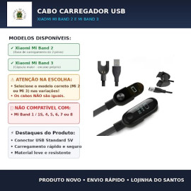 Cabo Carregador USB Para Smartwatch Miband 2 3
